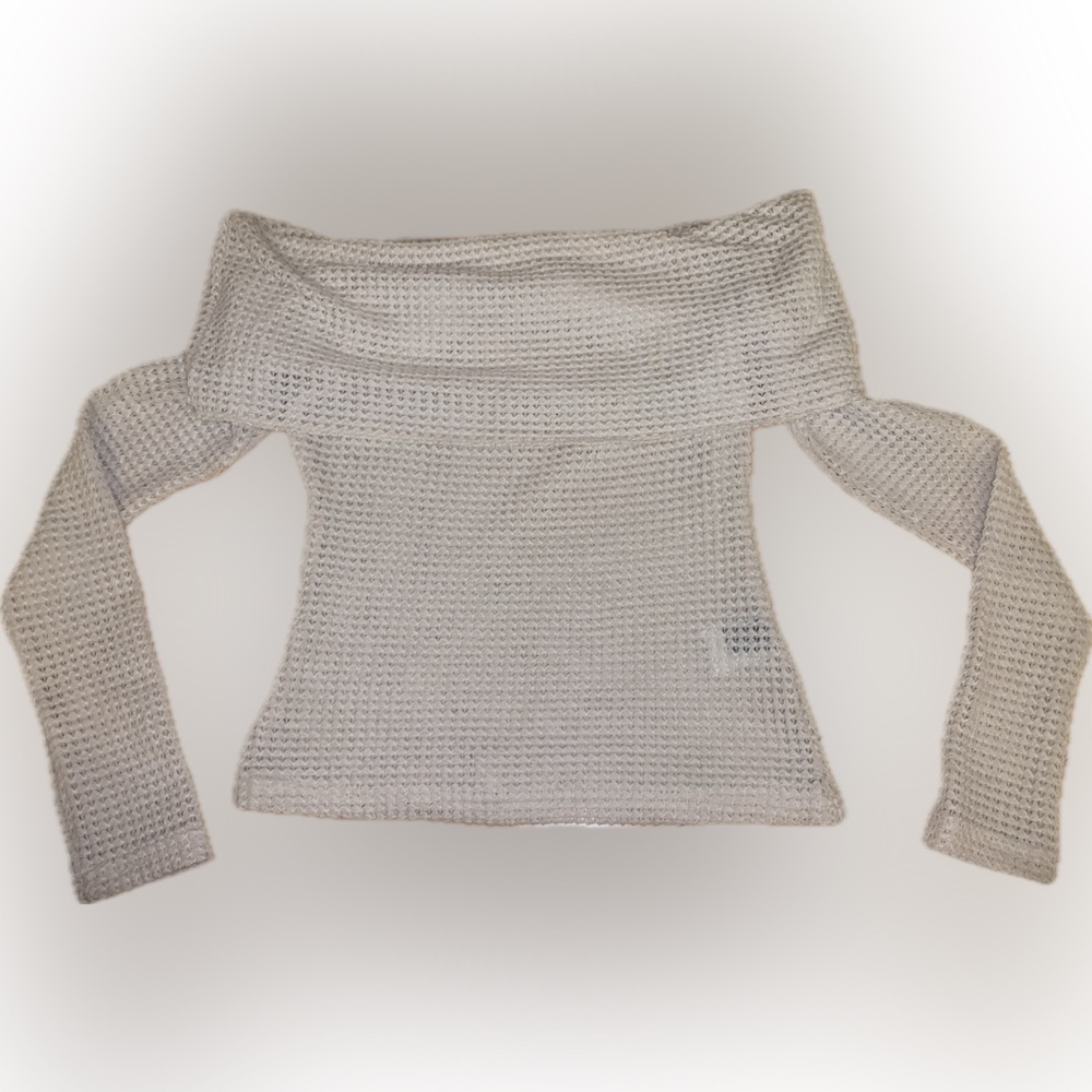 XS bone colored, off the shoulder/funnel neck, waffle print, long sleeved top